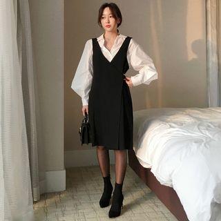 Long-sleeve Shirt / V-neck Pinafore Dress