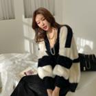 Striped Furry-knit Cardigan Black - One Size