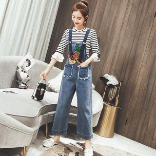 Set: Elbow-sleeve Striped Top + Embroidered Denim Jumpsuit