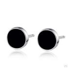 925 Sterling Silver Round Ear Stud 1 Pair - Black Circle - Silver - One Size