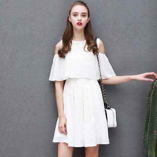 Elbow-sleeve Cutout-shoulder Plain Dress