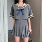 Set: Sailor Collar Elbow-sleeve T-shirt + High Waist Pleated Skirt