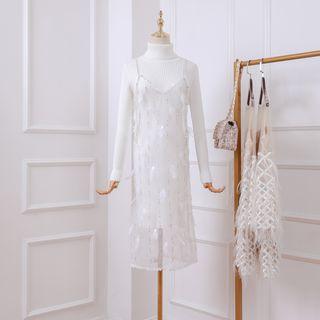 Set: Turtleneck Sweater + Sequined Pinafore Dress White - One Size