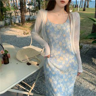 Printed Bodycon Suspender Skirt / Long-sleeve Cardigan