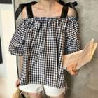 Off Shoulder Elbow-sleeve Check Top