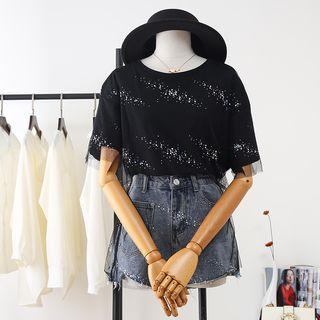 Short-sleeve Sequin Mesh Overlay T-shirt