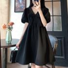 Puff-sleeve V-neck Bow Accent A-line Dress