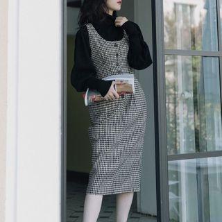 Set: Puff-sleeve Top + Sleeveless Plaid Dress