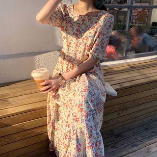 Short-sleeve Floral A-line Midi Dress Midi Dress - Almond - One Size