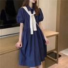 Elbow-sleeve A-line Dress With Shawl