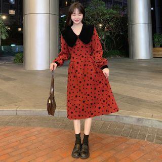 Long-sleeve Wide Collar Floral Pring Midi A-line Dress