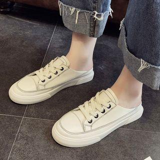 Faux Leather Lace-up Stitched Mules