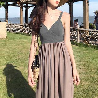 Striped Panel V-neck Midi Spaghetti Strap Dress