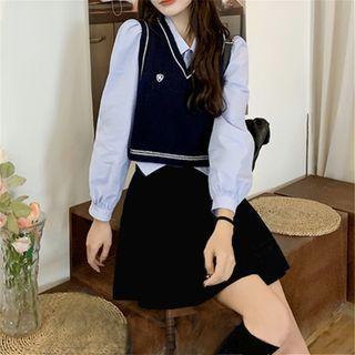 Plain Shirt / Logo Sweater Vest / Mini A-line Skirt