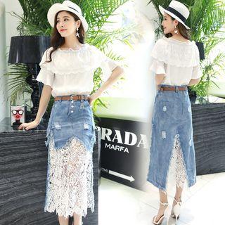 Set: Lace Short-sleeve Top + Lace Panel Denim Skirt
