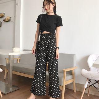 Set: Plain Short Sleeve Cropped T-shirt + Dotted Wide Leg Pants