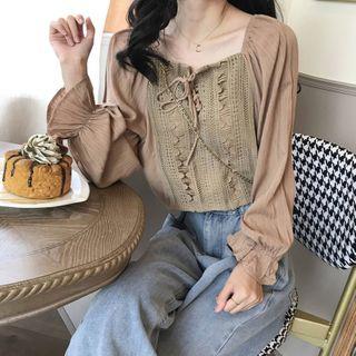 Square-neck Eyelet-knit Panel Top