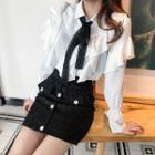 Color-block Bow-accent Long-sleeve Shirt / Tweed Skirt