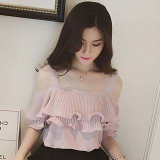 Off Shoulder Elbow Sleeve Ruffled Blouse