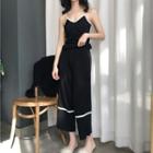 Set: Contrast Trim Knitted Camisole Top + Wide Leg Pants