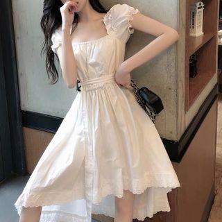 Puff-sleeve Lace Trim A-line Dress