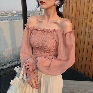 Frill Trim Off-shoulder Long-sleeve Chiffon Top