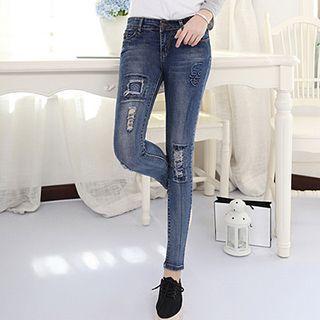 Skull Print Distressed Skinny Jeans