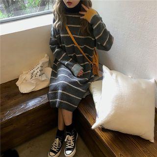 Long-sleeve Turtleneck Striped Midi Knit Dress