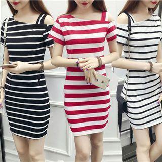 Asymmetrical Cold-shoulder Striped Bodycon Dress