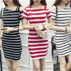 Asymmetrical Cold-shoulder Striped Bodycon Dress
