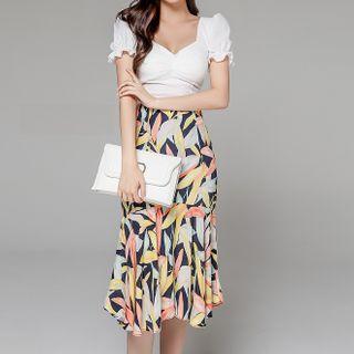 Set: Puff-sleeve Top + Floral Print Midi Mermaid Skirt