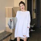 Long-sleeve Plain Ripped T-shirt / V-neck Lettering Knit Vest