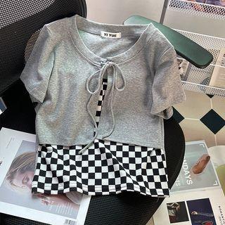 Mock Two-piece Plaid Short-sleeve Top