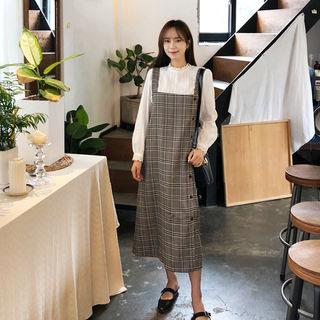 Buttoned Plaid Jumper Dress Navy Blue - One Size