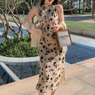 Sleeveless Floral Print Silt Midi Sheath Dress