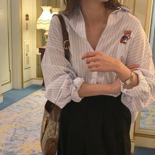 Long-sleeve Bear Embroidered Striped Shirt As Shown In Figure - One Size