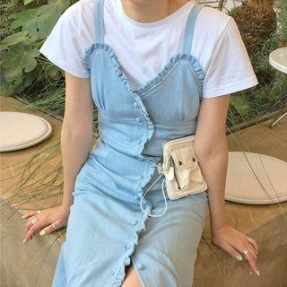 Ruffle Trim Spaghetti Strap Denim Midi Dress
