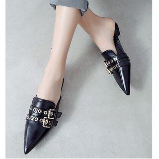 Faux Leather Pointed Toe Buckled Mules