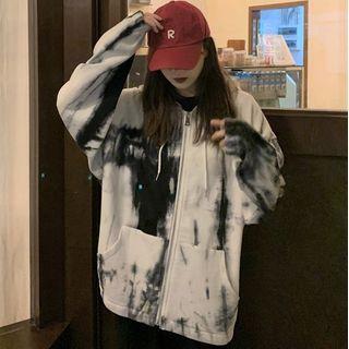 Dye Print Hooded Zip Jacket Black & White - One Size