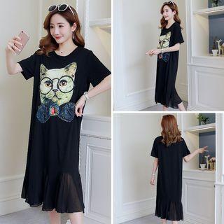 Cat Print Short Sleeve Midi Dress