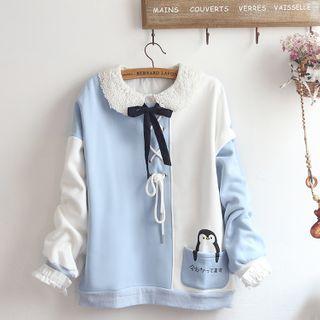 Lace Trim Blouse / Penguin Print Two-tone Pullover / Set
