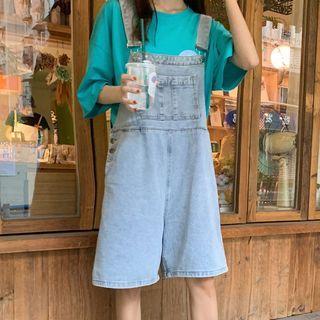 Pocket-front Washed Denim Jumper Shorts Light Blue - One Size