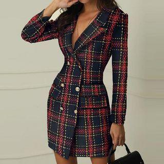 Double-breasted Plaid Mini Blazer Dress