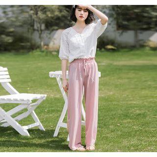 Elbow-sleeve Lace Blouse / Wide-leg Pants