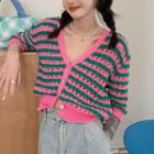Short-sleeve Striped Pointelle Knit Top Pink - One Size