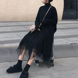 Turtleneck Long Pullover / Midi A-line Mesh Skirt