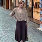 Plain V-neck Cardigan / Knit Pleated Skirt