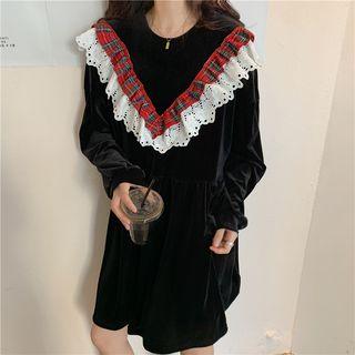 Lace Trim Long-sleeve Shift Dress As Shown In Figure - One Size