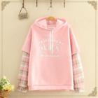 Fleece-lined Plain Gingham Sleeve Hoodie Fleece Lining - Pink - One Size
