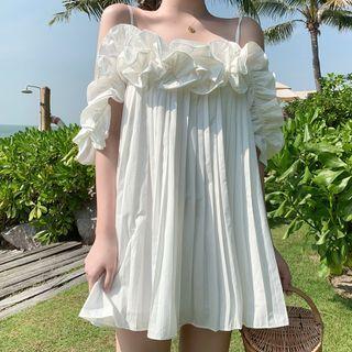 Cold-shoulder Ruffle Trim Mini A-line Dress
